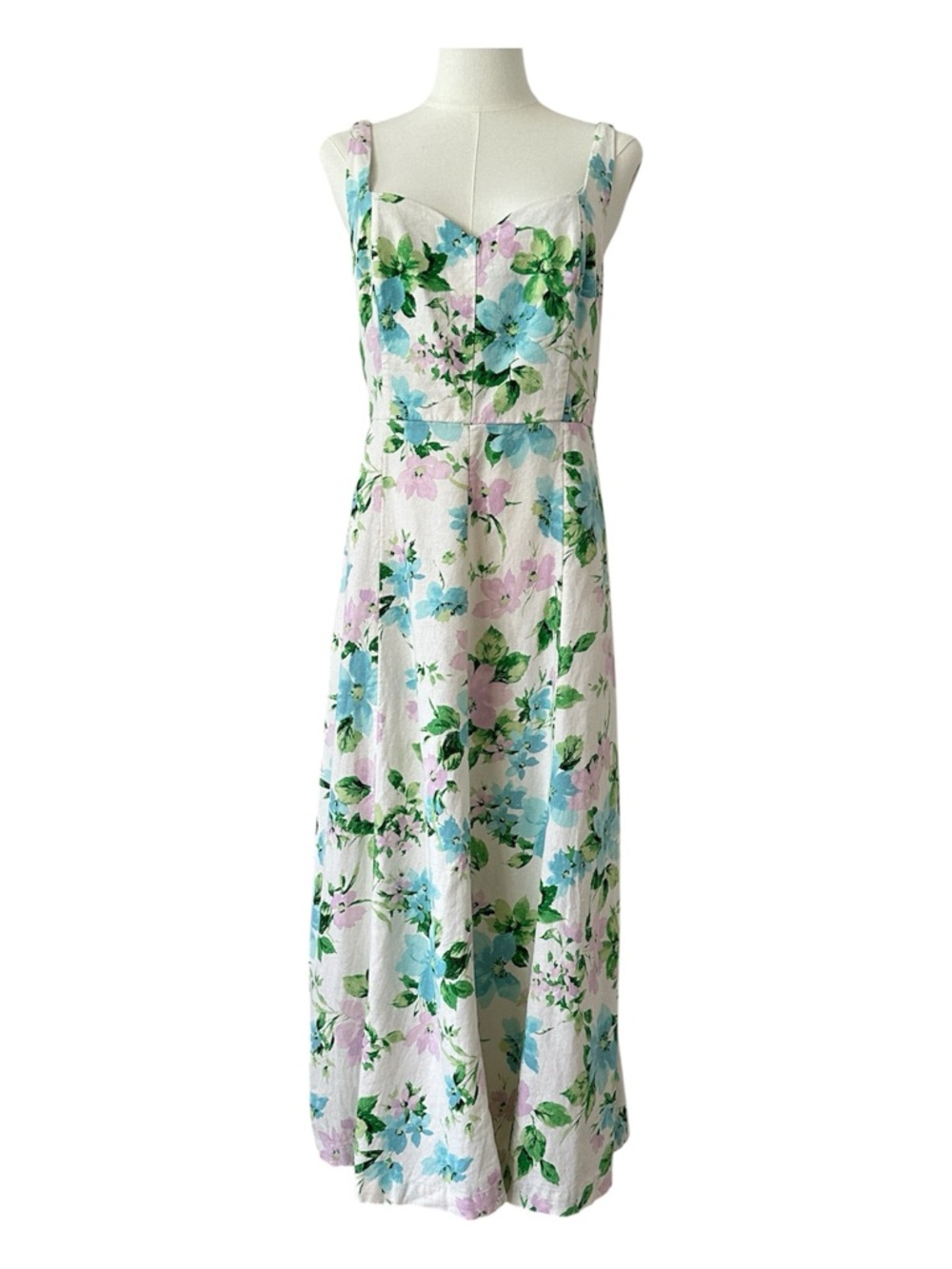 Old Navy Fit & Flare Linen Blend Midi Dress Sz L White Floral Pockets Sundress - Picture 2 of 16